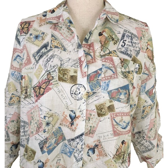 Chicos No Iron 100% Linen Size 1 (8/10) Travel Stamp Button Front Shirt - Picture 2 of 8